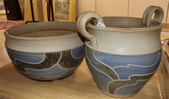 Usch Spettigue, Harkstead, Ipswich. A studio pottery large planter and a jardiniere, W 37cm; H 32cm